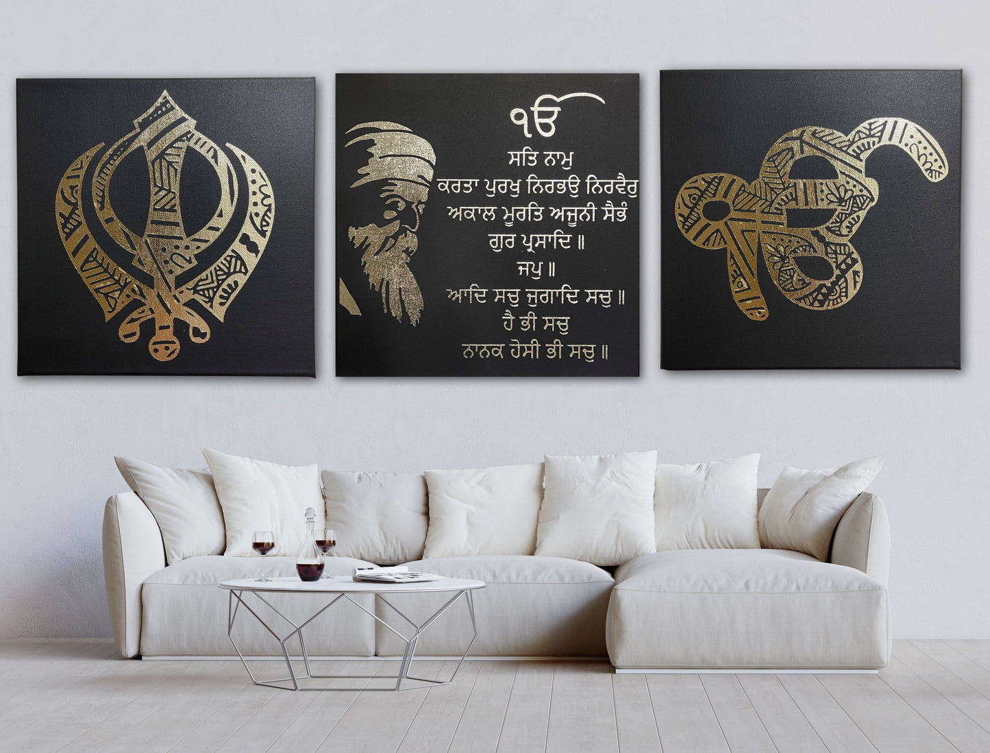 Guru Nanak Dev Ji, Mool Mantar, Khanda, Ek Onkar Mandala, Set of three, Sikh Wall Art, Sikh Home Decor, Punjabi, Sikh Gift Items,